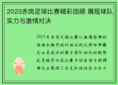2023赤岗足球比赛精彩回顾 展现球队实力与激情对决