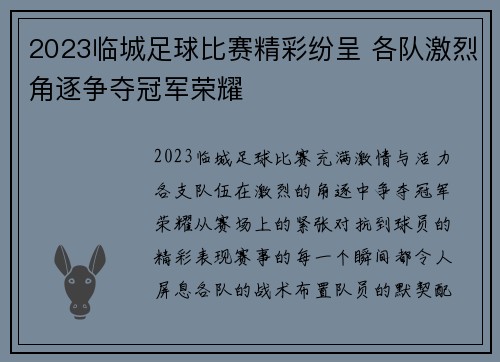 2023临城足球比赛精彩纷呈 各队激烈角逐争夺冠军荣耀