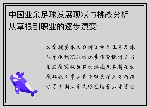 中国业余足球发展现状与挑战分析：从草根到职业的逐步演变