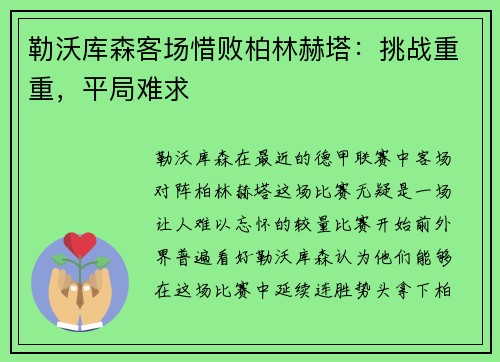勒沃库森客场惜败柏林赫塔：挑战重重，平局难求