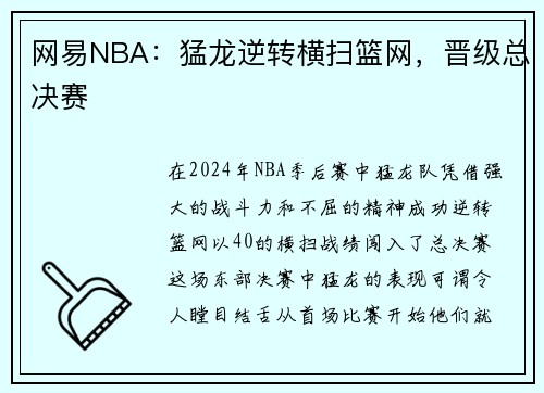 网易NBA：猛龙逆转横扫篮网，晋级总决赛