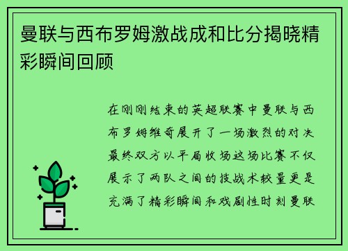 曼联与西布罗姆激战成和比分揭晓精彩瞬间回顾